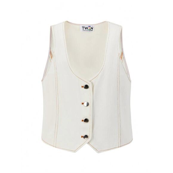 NEW T.W.I.N. THAT’S WHAT I NEED twill button front scoop neck vest in white - Picture 3 of 3